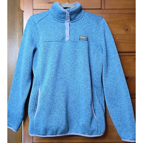 L.L Bean Pullover Sweater Size Medium Teal Snap Collar Fleece Long Sleeve - Picture 1 of 6